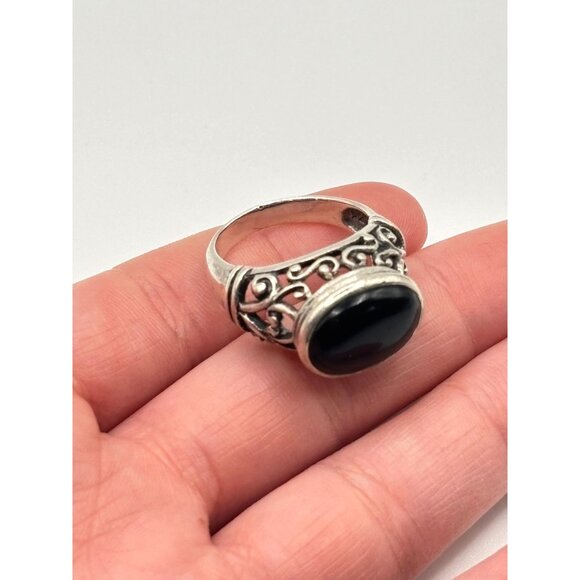 Black Onyx 925 Sterling Silver Filigree Ring Size 7.5 - Picture 11 of 11